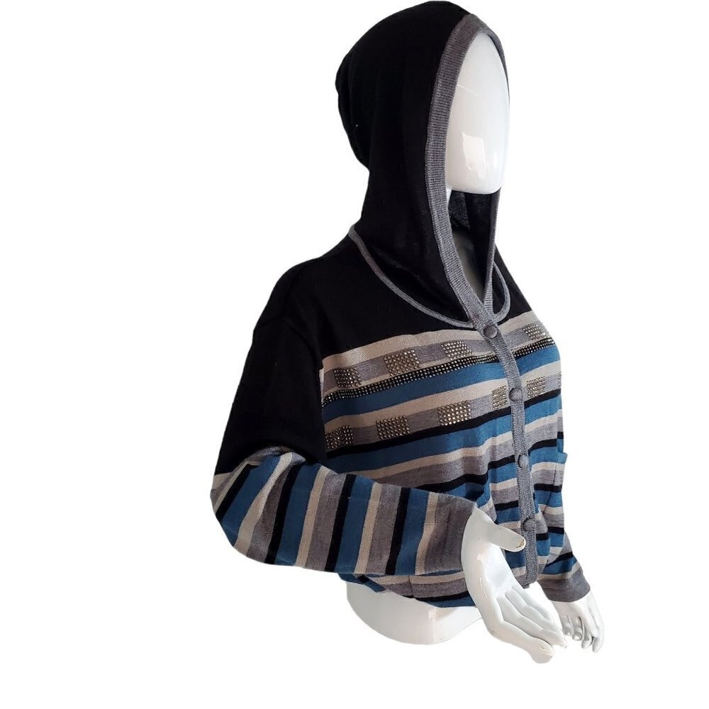Michael Janiel Hood Cardigan Sweater Studded Blue Black Stripes Women Lrg
